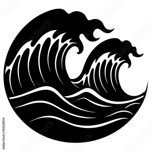Stylized ocean waves in a circular frame silhouette vector illustration