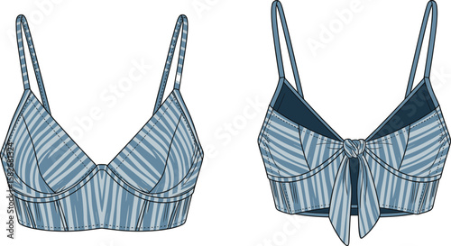 CAD drawing flat vector illustration, women's bralette front and back view, striped summer fashion, trendy stylish intimate apparel design