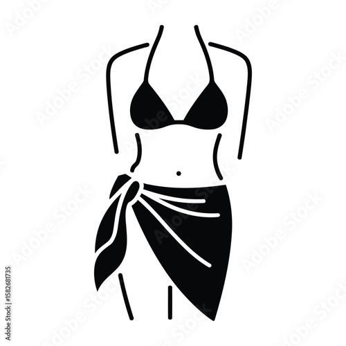 Bikini with Sarong Wrap Icon, Vector, Illustration, Icon, Outline, Line Art, Silhouette, Logo, White Background.