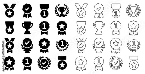 Award Icons Set,  Line Style Vector Medals, Trophies & Badges Editable formats : AI, EPS, PNG, Ideal for print media and Ui
