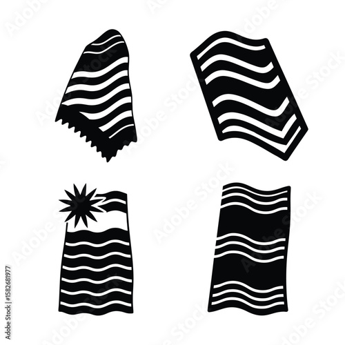 Beach towel Silhouette Icon Set Black Vector Graphic Isolated on White Background