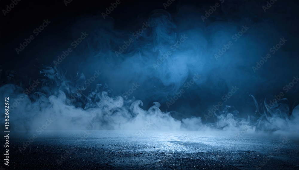 Fototapeta premium Wispy blue smoke billows across a dark textured ground with dramatic lighting