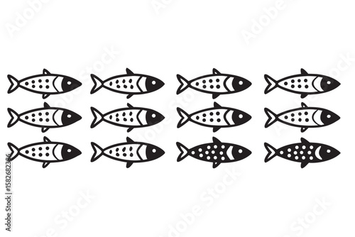 Twelve stylized black fish with white backgrounds arranged in three rows on a white background pattern