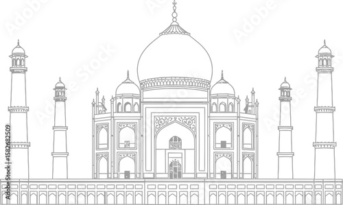 Striking architectural line drawing of the Taj Mahal in India, featuring symmetrical design and intricate details on a white background.