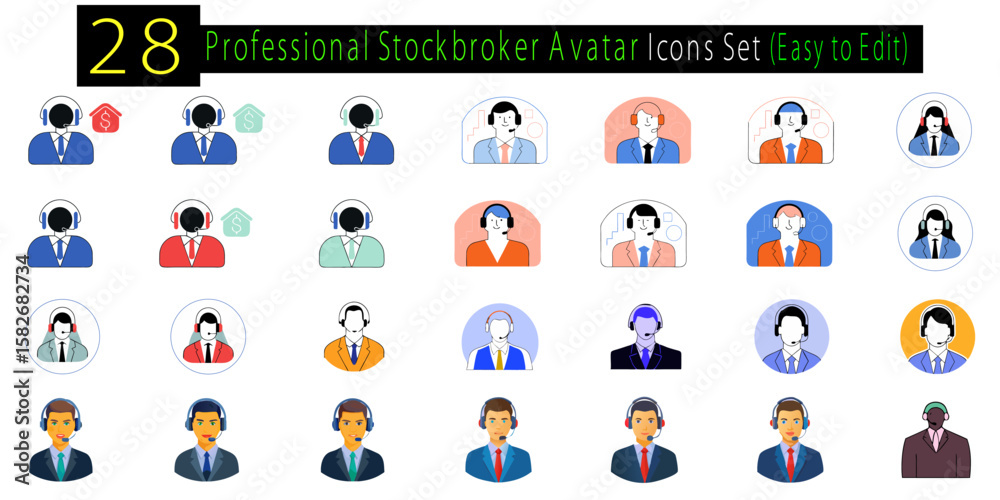 Set of twenty eight professional stockbroker avatar icons depicting different people wearing headsets ready for customer service Set of twenty eight professional stockbroker avatar icons depicting different people wearing headsets ready for customer service
