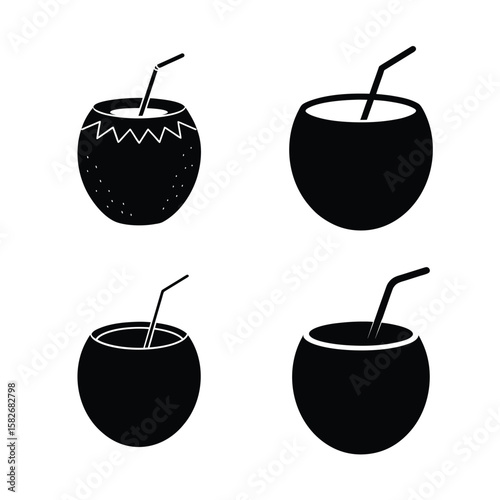Coconut drink Editable Black Icon Set Clean Silhouette Vectors for Graphic Design