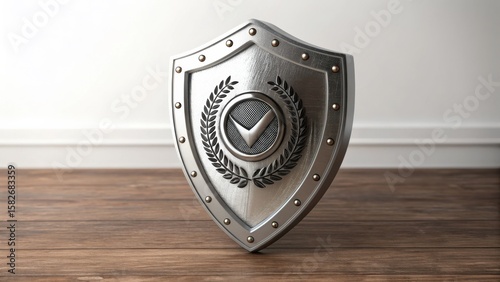 Mentor Approved A metallic shield with a laurel wreath design resting on a wooden floor.