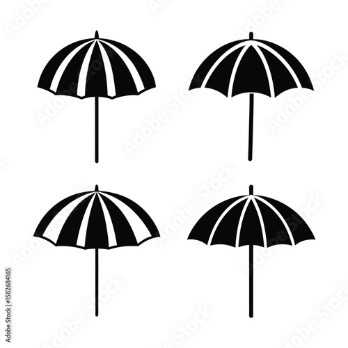 Beach umbrella Vector Silhouettes in Black High Quality Icon Set for Design Projects