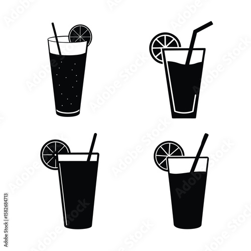 Lemonade glass Silhouette Icon Set Black Vector Graphic Isolated on White Background