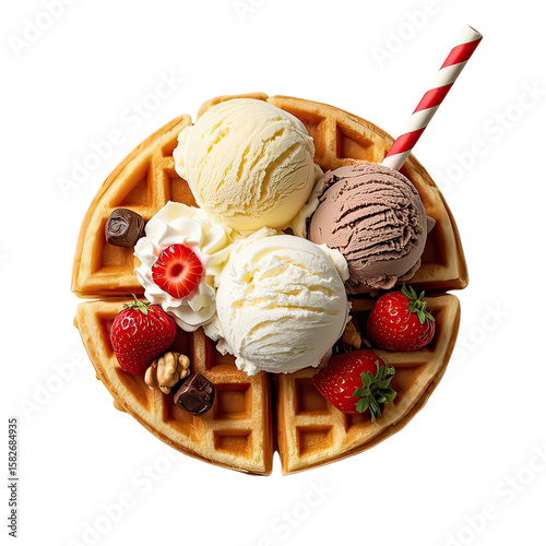 Golden Crispy Waffles with Scoops of Ice Cream, Generative AI