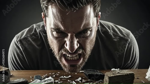 Man smashing something on a table face contorted in anger