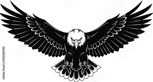 Majestic eagle soars with outstretched wings, a symbol of freedom in a bold black and white vector design.