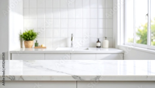 Marble countertop with modern kitchen blur.