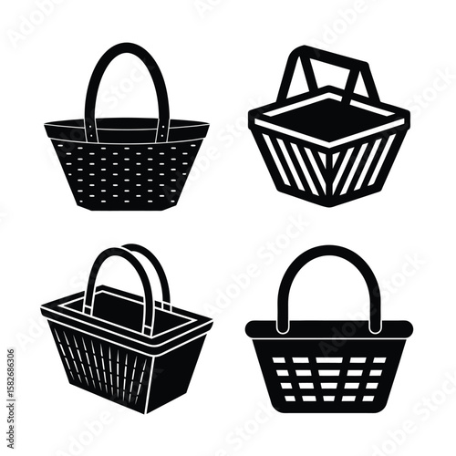 Picnic basket Vector Silhouettes in Black High Quality Icon Set for Design Projects
