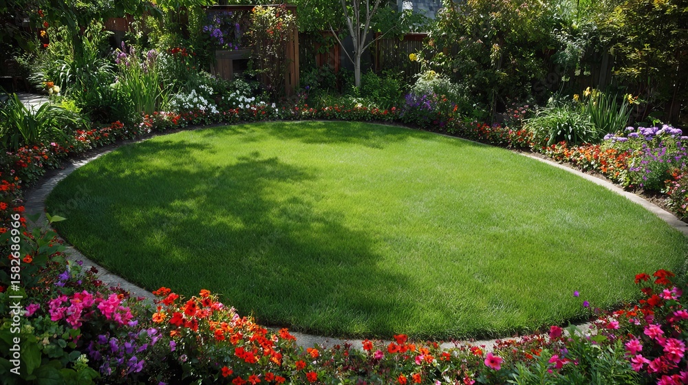 Fototapeta premium A vibrant circular lawn surrounded by a colorful flower bed, creating a serene outdoor oasis.