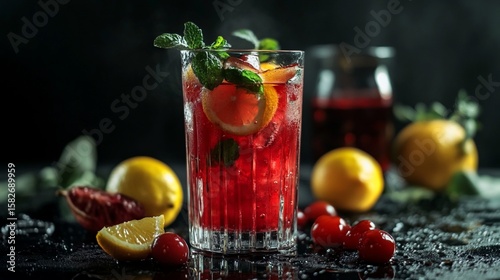 Refreshing cherry cocktail with lemon and mint on a dark background