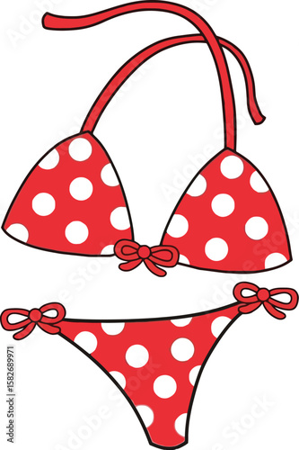Red Polka Dot Bikini – Vector Illustration of Halter Top and Tie-Side Bottoms with White Dot Pattern on Red Fabric