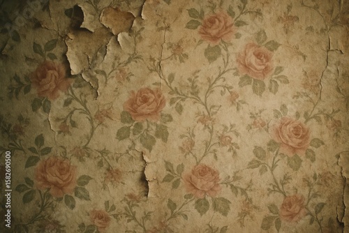 Grungy vintage wallpaper with peeling texture and faded floral rose pattern. An antique background displaying decay and history perfect for retro designs.