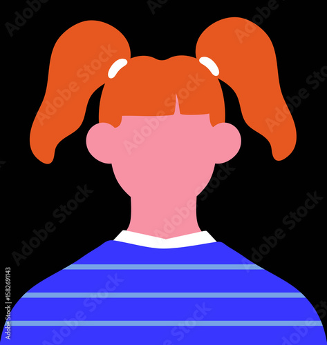 Girl, blank empty face portrait. Abstract faceless female head with two pigta...