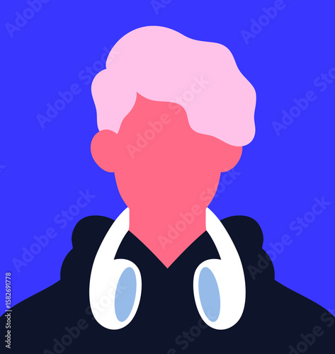 Abstract faceless man portrait. Young male character with blank face, headphones. Unknown person avatar, user profile, poster, wall art in modern trendy urban digital style. Flat vector illustration