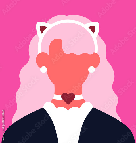 Cute kawaii girl portrait. Faceless abstract young character with cat ears, h...