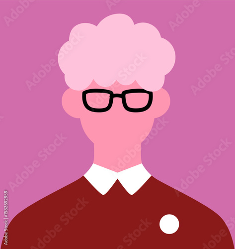 Abstract male student portrait. Faceless young character with smart look, glasses, poster in minimal modern style. Man, face avatar in eyeglasses, head, user profile. Flat vector illustration