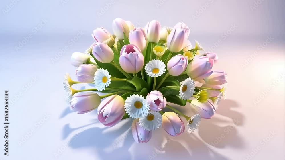 Bouquet of pink tulips and daisies in bright arrangement  