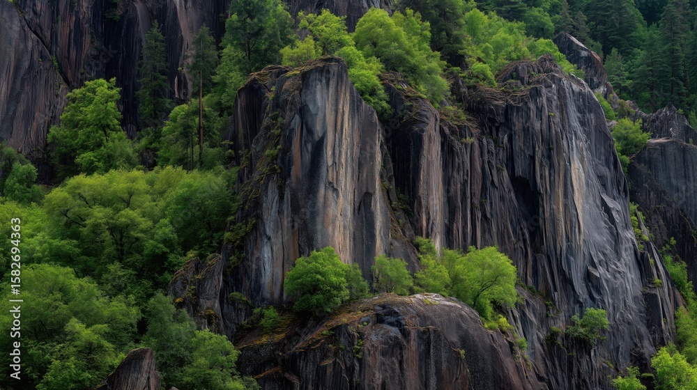 Majestic sheer rock face adorned with vibrant green foliage and moss in a natural landscape Majestic sheer rock face adorned with vibrant green foliage and moss in a natural landscape