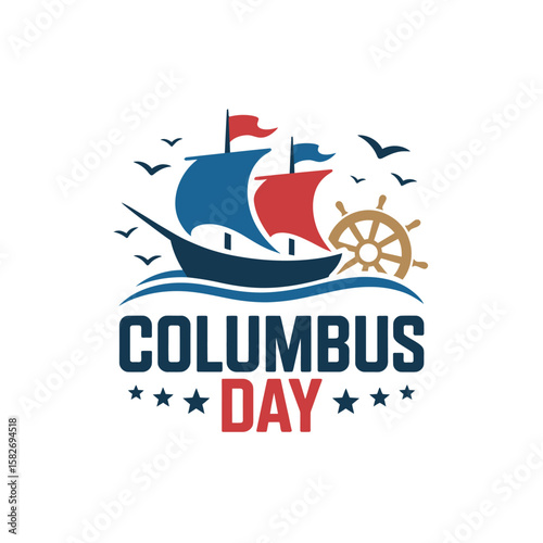 Wallpaper Mural Columbus Day Celebration: A festive emblem featuring a sailing ship, seagulls, and a ship's wheel, symbolizing exploration and discovery on Columbus Day. Torontodigital.ca