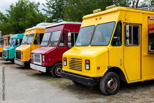 Colorful food trucks lined in a park with vibrant yellow, red, and orange designs