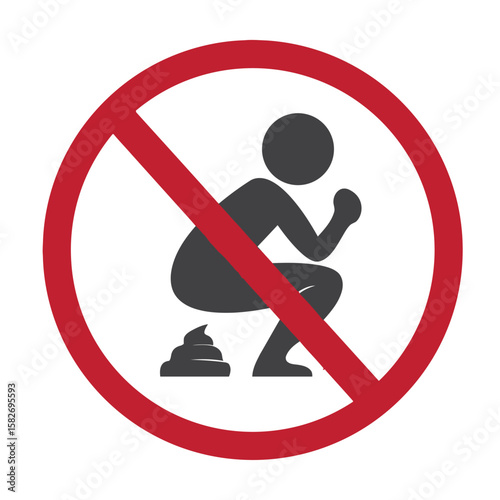 No Public Defecation Sign – Vector Illustration of Red Prohibition Circle with Silhouette of Squatting Person