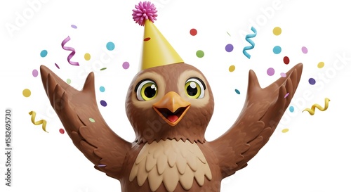 brown bird wearing party hat celebrating clip art preview