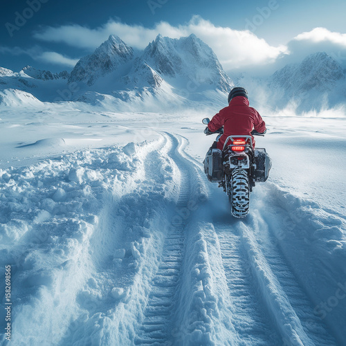 Person riding snowmobile on snowy road.