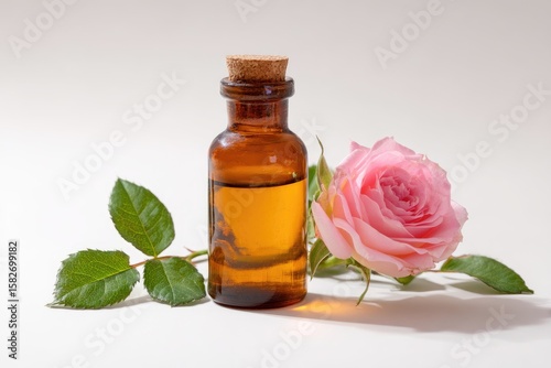 Amber glass bottle with cork stopper containing light yellow oil sits beside a single pink rose and its stem with leaves on a white background