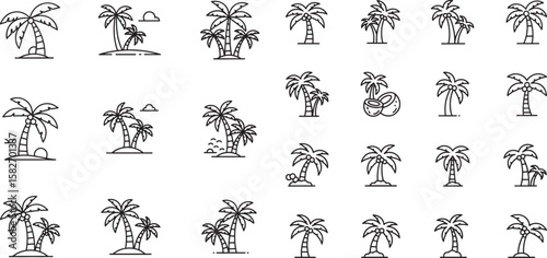 Minimalist outline vector illustration set showcasing various tropical palm tree designs, perfect for summer vacation, beach travel, and exotic island-themed creative projects.