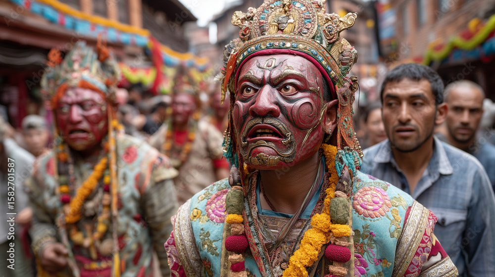 Fototapeta premium Masked Participants in Indra Jatra Festival Kathmandu Wearing Traditional Red Costumes and Celebratory Garlands