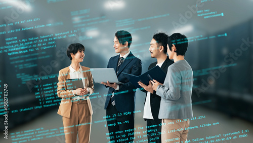 サーバルームで会話する人々とデジタルデータ