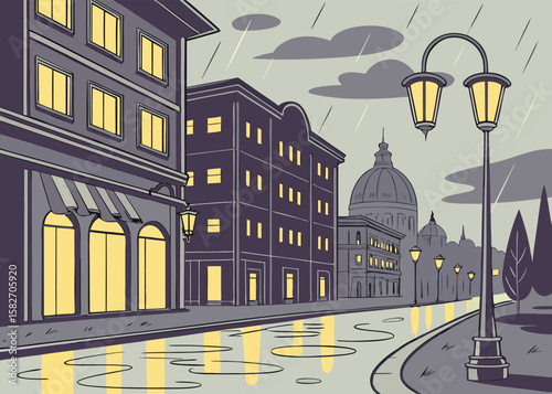 Rainy Cityscape with Glowing Lights – Urban Night Vector
