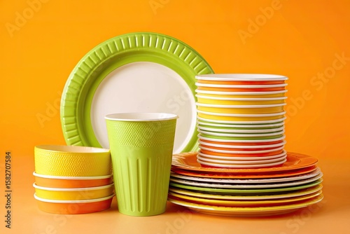 Vibrant lime, orange, and yellow disposable plates, bowls, and cups stacked against an orange background