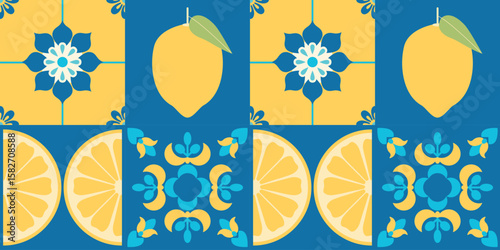Mediterranean tiles seamless pattern with lemons. Blue and yellow background. Amalfi coast vibes. Abstract geometric floral ornament. Italian, Portuguese, Spanish traditional style. Mosaic. Vector.