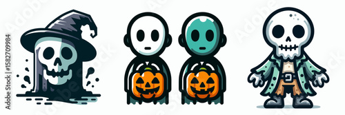 Halloween Ghoul. Spooky Clipart Elements Line Art Vector Illustration. october phantom a creepy horror demon for fright night carnival.