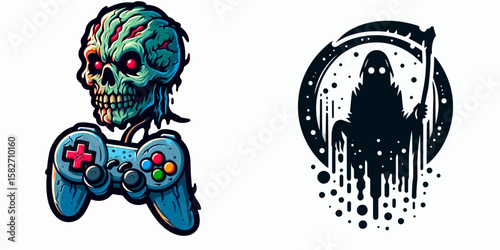 Halloween Horror video game. Spooky Clipart Elements Line Art Vector Illustration. autumn fright fest interactive entertainment creepy digital plaything.