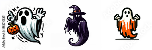 Halloween Poltergeist. Spooky Clipart Elements Line Art Vector Illustration. autumn specter fright night ghostly apparition festival theme.