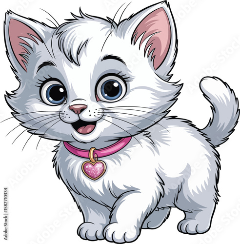 A cute, funny, domestic feline character illustration with a big smile, sitting with its tail curled