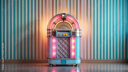 Retro Jukebox in Vintage Pastel Room: Illuminated, Nostalgic, 1950s Style.