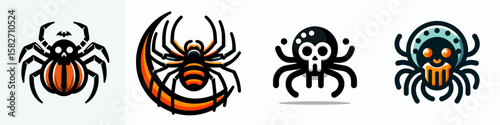 Halloween Spider. Spooky Clipart Elements Line Art Vector Illustration. arachnid ornament for october holiday decoration scary crawler.