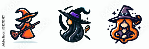 Halloween Witch. Spooky Clipart Elements Line Art Vector Illustration. Autumnal enchantress costume idea party decoration fantasy figure.
