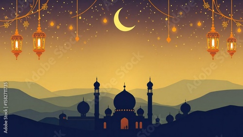 Ramadan evening scene with crescent moon lanterns and mosque silhouettes
