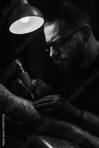 Dedicated tattoo artist meticulously creates intricate body art on a client's arm, illuminated by a focused lamp in a dramatic black and white scene of professional craftsmanship.