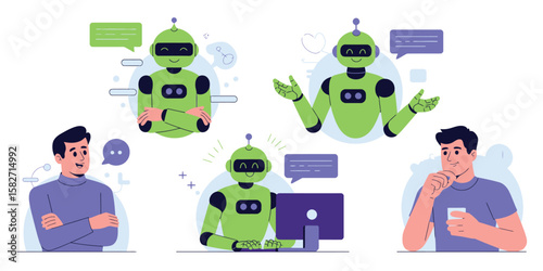 Artificial Intelligence in Business – Vector Illustration of Character Using Generative AI Tools for Content Creation, Marketing, and Prompt Engineering in Clean Modern Office Design

